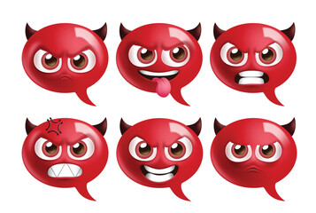 Emoji angry face red icon clipart set. Red emoji face with angry, silly, mad, rage, furious and unhappy emoticon characters clip art chat bubble symbol collection vector illustration.
