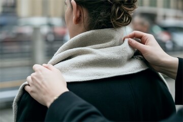 person put scarf on another for warm. Caring gesture