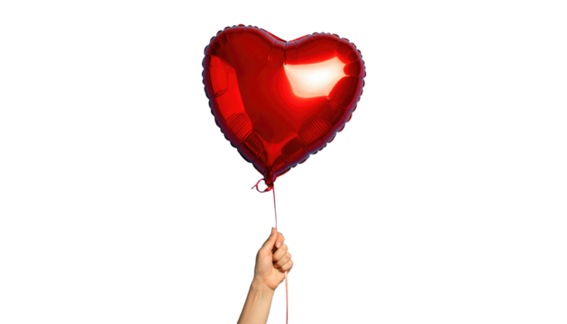 Hand holds a shiny red heart-shaped balloon against a stark black background; the balloon is slightly deflated