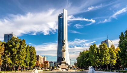 Fototapeta premium A tall skyscraper rises in a park with fountains and sculptures
