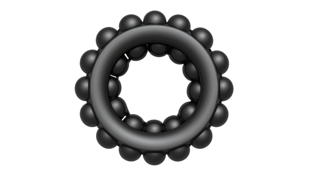 Circular formation of black spheres orbiting a central ring, casting soft shadows against a deep black background