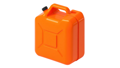 Bright orange gas can, a sturdy container. Isolated on a black background, it's ready to transport liquids