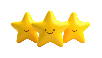 Three shiny, smiling, yellow, 3D cartoon stars on black; radiating light and positivity in a simple design