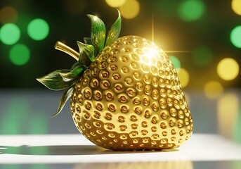 Golden strawberry with sparkling bokeh lights in the background