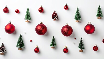 Christmas Flat Lay Overhead View of Craft Scissors and Red White Glitter Decorations Including Ornaments and Mini Trees on White Table Background Seamless Pattern