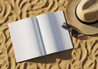 Travel Inspiration Magazine Mockup on Desert Sand Texture Beside Hat and Sunglasses, Cinematic Warm Light Style