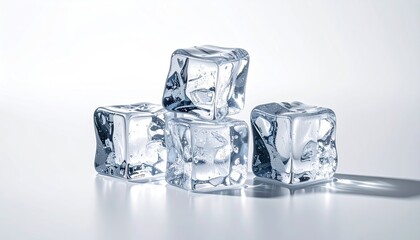 Clear ice cubes stacked on a reflective white surface with soft studio lighting creating subtle shadows and highlights