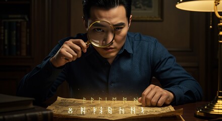 Focused Man Examining Ancient Glowing Symbols on an Old Map with a Magnifying Glass
