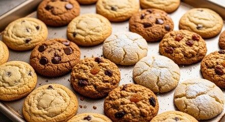 Assorted freshly baked cookies on a metal baking sheet close up view