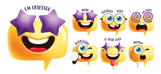 Emoji obsessed star eye clipart set. Emojis obsessive, admire, nerd, dizzy, searching, yummy and shocking face clip art in yellow speech bubble facial expression with chat  emoji text collection 