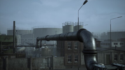 Pipes snake through an industrial site, connecting large storage tanks. A hazy, foggy morning casts a mysterious atmosphere over the factory buildings and surroundings.