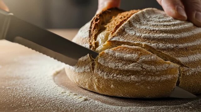 Close-up of a person slicing a freshly baked loaf of artisanal sourdough bread on a wooden board dusted with flour, highlighting the rustic crust and soft interior.