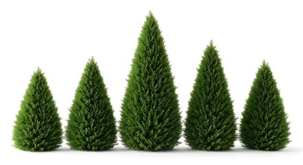 Row of evergreen trees symmetrical arrangement isolated on white background for landscaping design