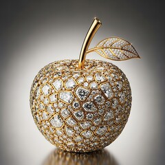 Luxurious diamond encrusted apple sculpture with gold stem and leaf