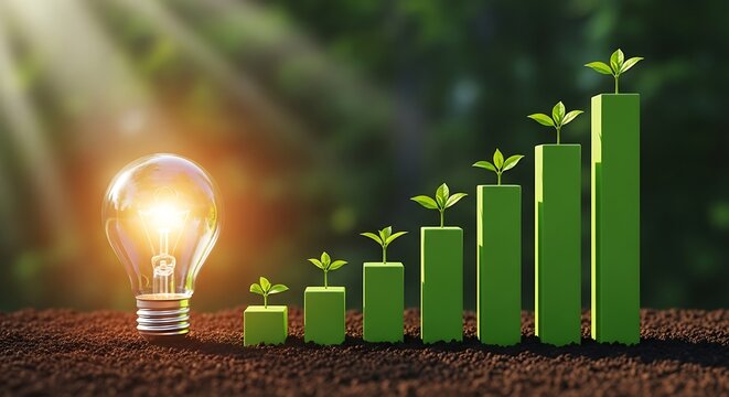 A glowing light bulb next to a green graph with small plants growing on each, symbolizing growth and innovation in a natural setting