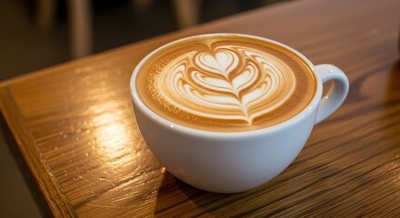 Artistic latte coffee with heart shaped foam art on wooden table