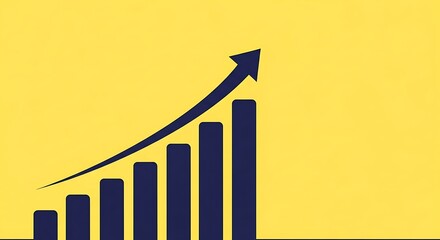 A dark blue chart with an upward curving arrow against a bright yellow background, symbolizing business growth and positive trends