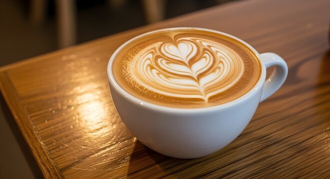Artistic latte coffee with heart shaped foam art on wooden table - Powered by Adobe