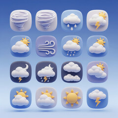 Kawaii 3D Weather Symbol Set in Blue Gradient Background