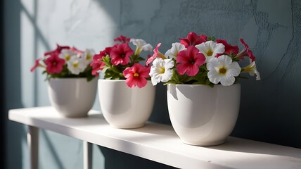 Fototapeta premium Three Potted Petunias on White Shelf — Colorful Floral Still Life with Dark Teal Background