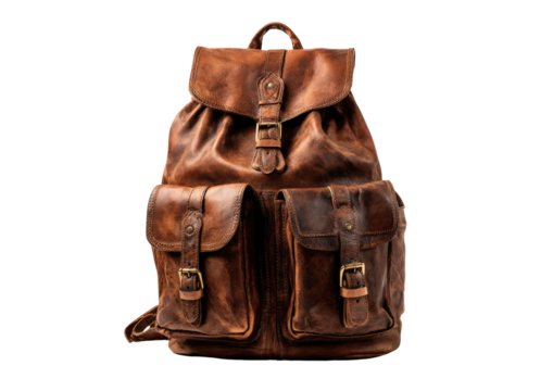 Brown leather rucksack, buckles, pockets, antique look