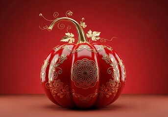 Ornate red pumpkin with gold chinese symbols on a red background