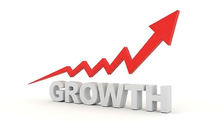 A vibrant red arrow charts an upward trajectory over the word growth, signifying positive financial and business development