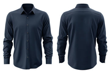 Navy dress shirt front and back view, buttoned