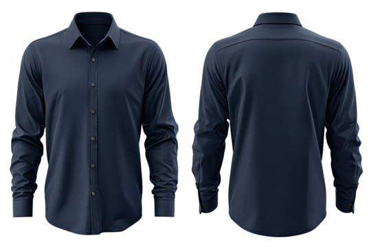 Navy dress shirt front and back view, buttoned