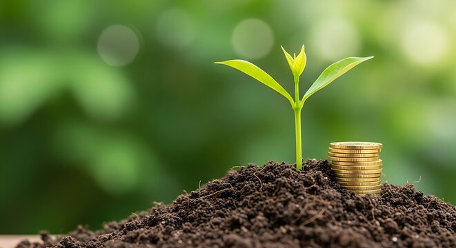 A young plant sprouts from fertile soil next to a stack of gold coins, symbolizing financial growth and investment