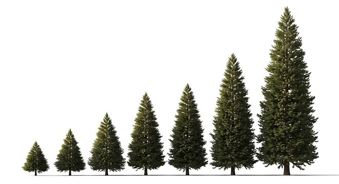 Growth stages of a fir tree from seedling to mature tree isolated on white background