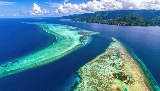 Aerial View of Tropical Island Coastline with Turquoise Coral Reefs and Lush Green Hills Under a Blue Sky with White Clouds