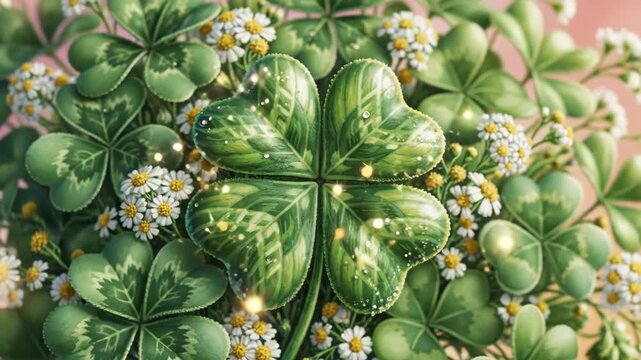 Close up of four leaf clover with white flowers and green leaves on a gradient background