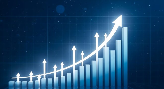 A dynamic 3d render of a blue graph with a bright white arrow indicating a steep upward trend against a dark background