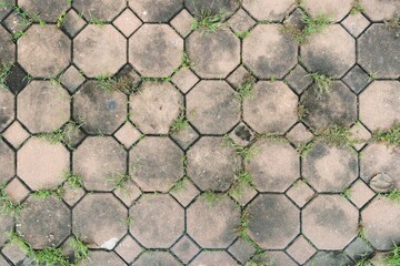 Old and messy paver block sidewalk top view background	