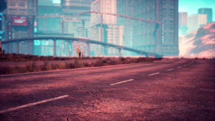Fotobehang Crimson A long, cracked road leads into a vibrant city where sleek, towering buildings reflect the sunlight. The urban landscape merges with nature, creating an intriguing contrast.  © icetray