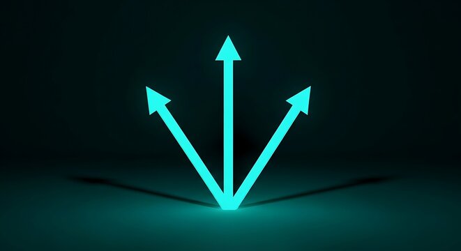 Three glowing cyan arrows pointing in different directions from a central point, symbolizing choice, direction, and divergence - Powered by Adobe