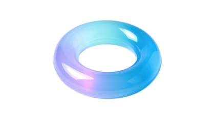 Shiny, translucent, rounded object with a hole. Blue, pink, and teal gradations create a smooth, dreamy aesthetic
