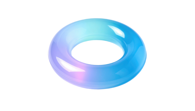 Shiny, translucent, rounded object with a hole. Blue, pink, and teal gradations create a smooth, dreamy aesthetic
