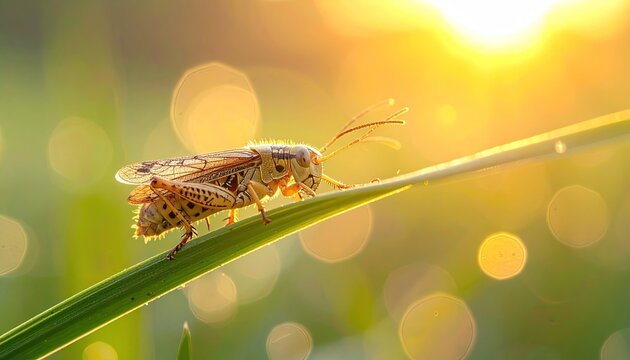 Close up macro shot of a speckled grasshopper perched on a blade of grass with morning dew drops illuminated by the golden sunrise creating beautiful bokeh effect in a soft focus background