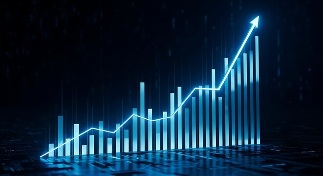 A futuristic blue chart with a glowing upward trending line graph, illustrating data and financial progress in a dark setting - Powered by Adobe