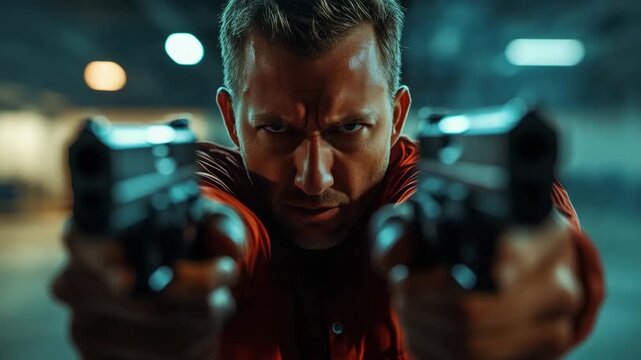 A skilled marksman aims with determination in an abandoned warehouse. The atmosphere is thick with tension as he prepares for an imminent confrontation, ready to pull the trigger.