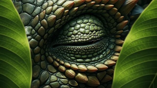 Close-Up of a Reptile Eye with Green Leaves.