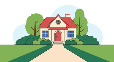 A welcoming cartoon illustration of a cozy family home with a red roof, green lawn, mature trees, and well-maintained bushes.