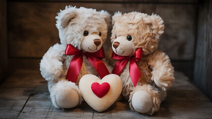 Obraz premium Two Teddy Bears with Heart Pillow — Cute Romantic Plush Toys with Red Bows on Wooden Background
