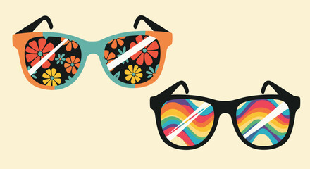 Two pairs of vibrant retro sunglasses, one with floral lenses and the other with rainbow wavy lenses, conveying a cheerful summer vibe.
