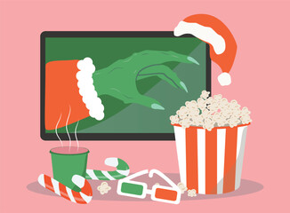 Flat style vector illustration. Watching movies on Christmas Eve. TV, popcorn, and candy.