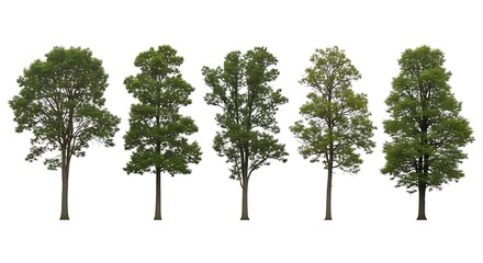 Collection of five deciduous trees isolated on white background vector cutouts for architectural vis