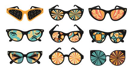 A vibrant collection of nine illustrated sunglasses featuring diverse and colorful psychedelic patterns on their lenses, ideal for summer fashion.