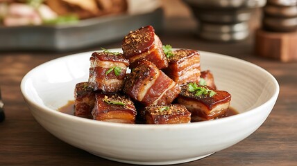 Crispy Pork Belly Cubes in Rustic Bowl — Close-Up Gourmet Food Photography with Fresh Herbs